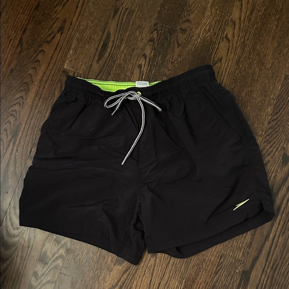 Speedo Black Swim Trunks with Neon Green Accents